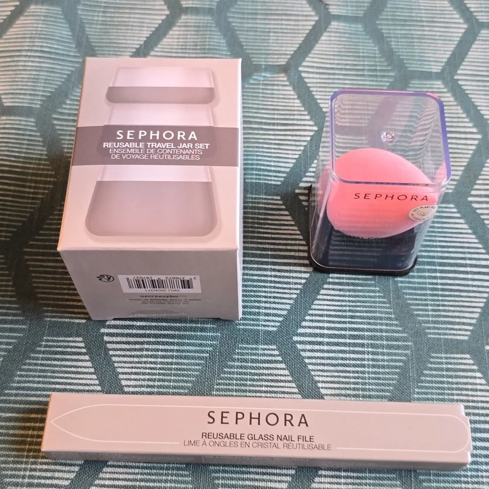 SEPHORA BRAND REUSABLE TRAVEL JAR SET, GLASS NAIL FILE AND SPONGE BUNDLE